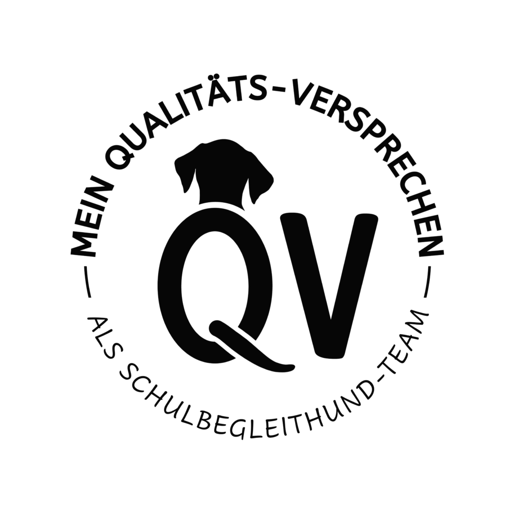 Ein rundes Logo mit einer Hundesilhouette über Qv und deutschem Text drum herum: MEIN QUALITÄTS-VERSPRECHEN ALS SCHULBEGLEITHUND-TEAM.