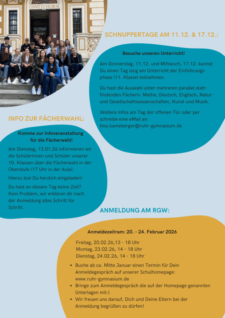 Ein deutschsprachiger Informationsflyer für eine Schule mit Veranstaltungshinweisen, Anmeldedaten und einem Gruppenfoto der Schüler auf einer Treppe vor einem Gebäude.