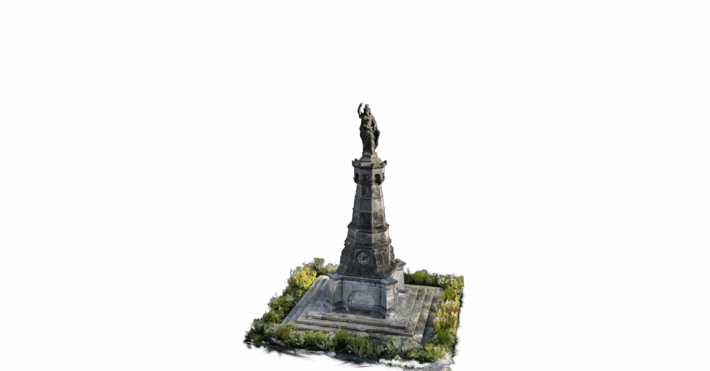 Ein hohes Steinmonument mit einer Statue auf der Spitze, umgeben von einem kleinen grünen Garten und Blumen, vor einem schlichten weißen Hintergrund.