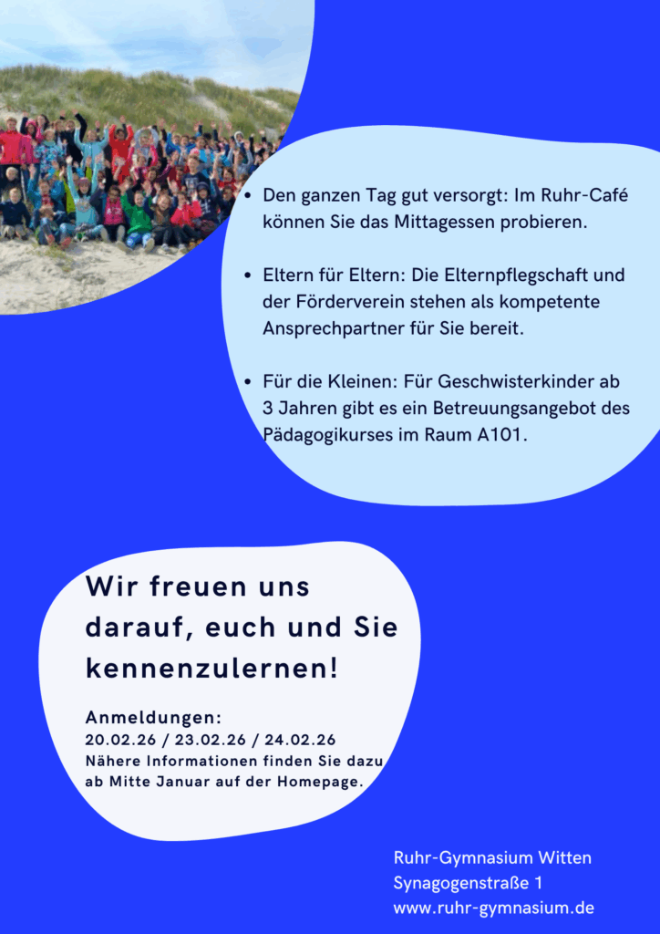 Informationsplakat des Ruhr-Gymnasiums Witten mit Veranstaltungshinweisen, Informationen zur Kinderbetreuung und Kontaktdaten auf blau-weißem Hintergrund mit kreisförmigen Akzenten.