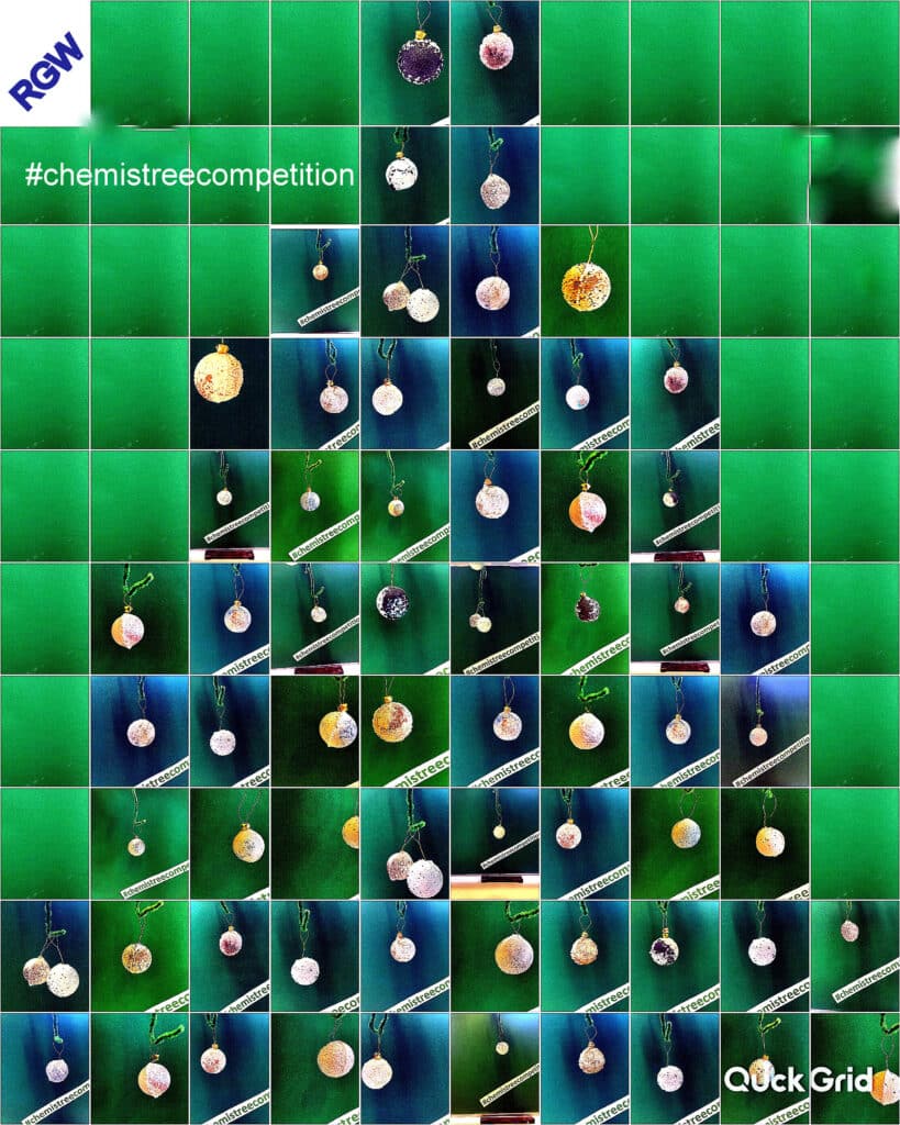 Eine Collage aus verzierten Ornamenten auf grünem Hintergrund, die jeweils für den #chemisTree-Wettbewerb beschriftet sind, mit den Logos von RGW und QuickGrid in den Ecken.