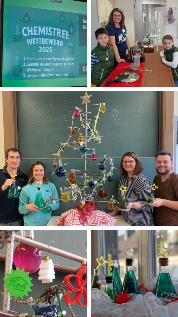 Collage mit einem Weihnachtsbaum aus Laborglas, festlich gekleideten Menschen und einem Schild für einen Chemie-Wettbewerb in deutscher Sprache.