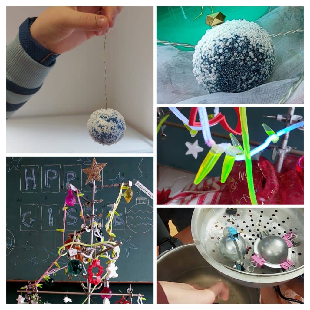 Eine Collage mit handgefertigtem Weihnachtsschmuck: eine Hand, die eine Kugel hält, ein verschneites Ornament, ein geschmückter Baum, bunte Dekorationen und Ornamente, die gewaschen werden.