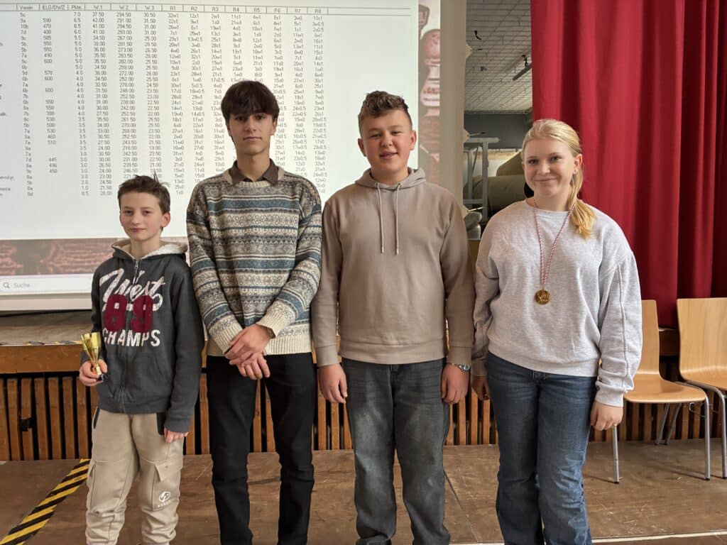 Vier lächelnde Kinder stehen auf der Bühne; eines hält einen Pokal, eines trägt eine Medaille. Hinter ihnen befindet sich ein Bildschirm mit einer Tabelle und einem roten Vorhang auf der rechten Seite.