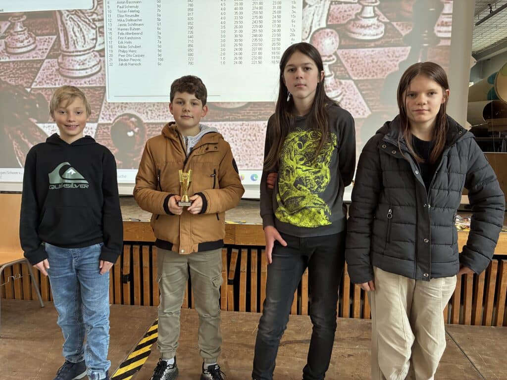 Vier Kinder stehen in einem Raum nebeneinander, eines hält einen kleinen Pokal. Im Hintergrund ist eine große, schachähnliche Anzeigetafel projiziert.