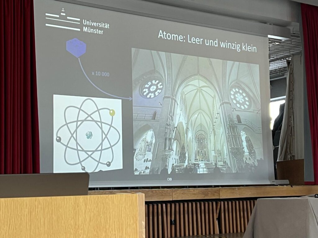 Eine Präsentationsfolie zeigt Diagramme eines Atoms und einer Kathedrale im Inneren, mit dem Text Atome: Leer und winzig klein und das Logo der Universität Münster.