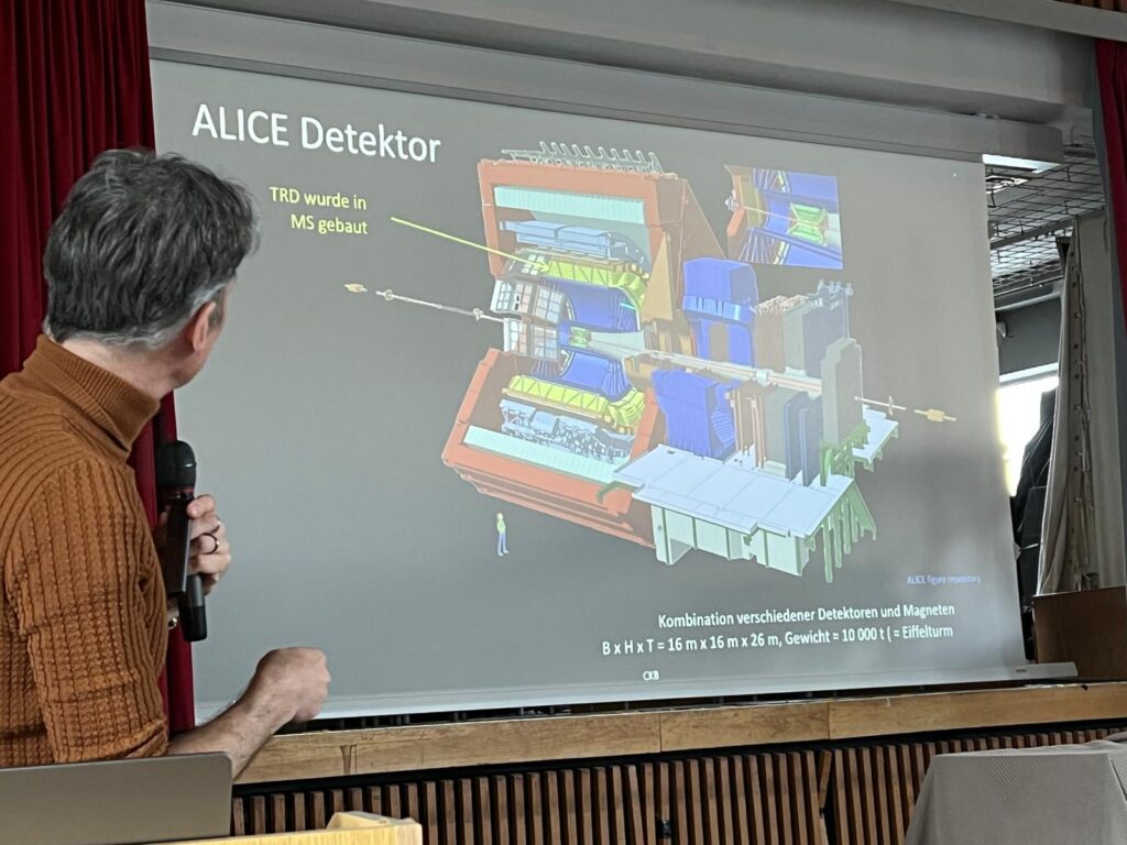 Ein Mann in einem orangefarbenen Pullover zeigt auf einen Projektor, der ein 3D-Diagramm des ALICE-Detektors mit deutschen Beschriftungen und technischen Daten zeigt.