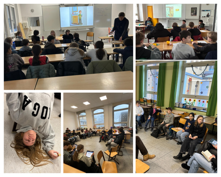 Collage mit Szenen aus dem Klassenzimmer: Schüler sitzen, sehen sich eine Präsentation an, diskutieren in Gruppen und ein Schüler liegt in einem Sweatshirt mit der Aufschrift UGA.