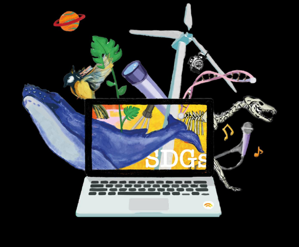 Ein Laptop zeigt die SDGs mit Abbildungen eines Wals, eines Vogels, eines Planeten, einer Windturbine, der DNA, eines Dinosaurierskeletts und von Blättern, die aus dem Bildschirm herausragen.
