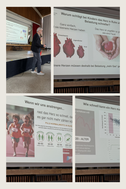 Eine Person hält einen Vortrag über die Herzfrequenz bei Kindern, mit Dias, die Herzdiagramme, laufende Kinder und Herzfrequenzdiagramme auf Deutsch zeigen.