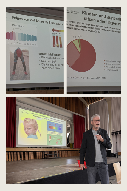 Ein Mann hält einen Vortrag in einem Saal; projizierte Dias zeigen Gesundheitsinformationen in deutscher Sprache, darunter ein Diagramm, ein Tortendiagramm und ein Foto eines müden Kindes und eines Erwachsenen.