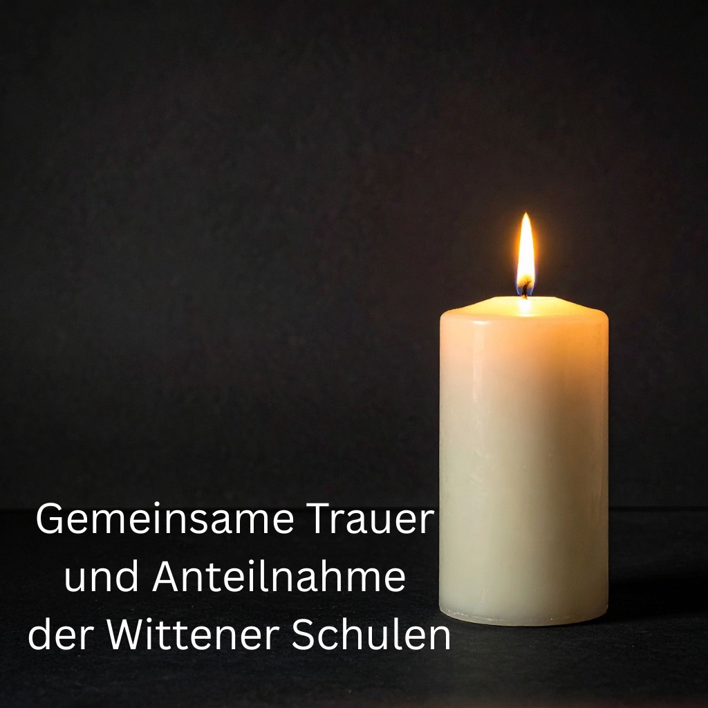 Eine einzelne brennende Kerze auf dunklem Hintergrund mit deutschem Text: Gemeinsame Trauer und Anteilnahme der Wittener Schulen.