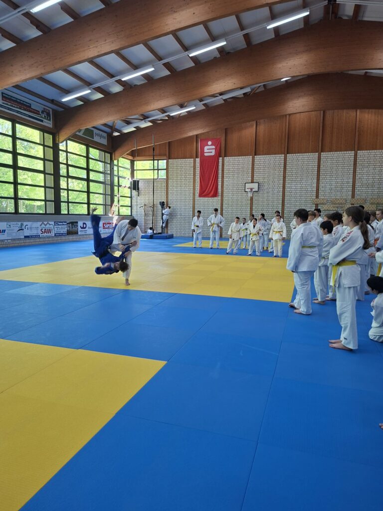 Eine Gruppe von Menschen in weißen Judoanzügen sieht zu, wie eine Person eine andere auf eine blau-gelbe Matte in einer großen, sonnenbeschienenen Sporthalle wirft.