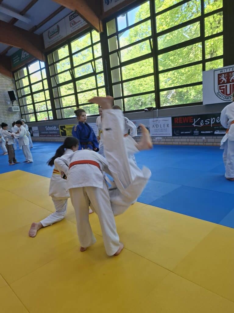 Kinder in weißen Kampfsportuniformen üben Judo in einer Turnhalle mit großen Fenstern. Ein Kind ist mitten im Wurf, während andere in der Nähe beobachten oder sich vorbereiten.