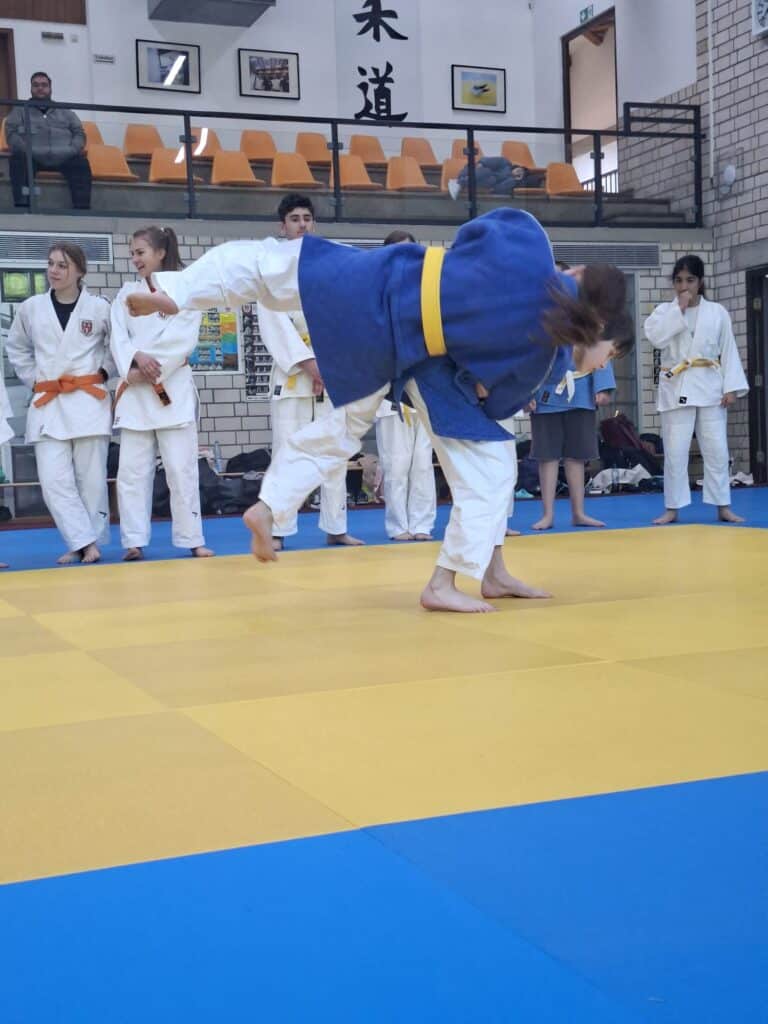 Zwei Judosportler kämpfen auf einer Matte; der eine in einem blauen Gi wirft den anderen. Mehrere Personen in weißen Gis schauen im Hintergrund in einem Dojo zu.