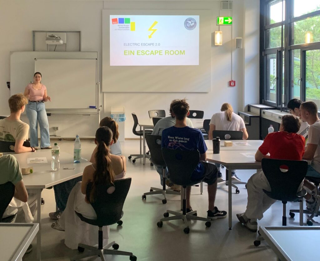 Eine Frau steht vor einer Gruppe von Schülern, die an Tischen in einem hellen Klassenzimmer sitzen, und hält einen Vortrag; auf einer Leinwand ist die Aufschrift „EIN ESCAPE ROOM“ zu sehen, darüber befinden sich Grafiken.