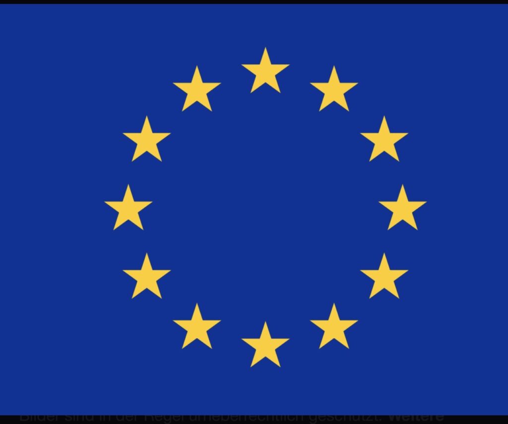 Eine blaue Flagge mit einem Kreis aus zwölf goldenen Sternen in der Mitte, die die Flagge der Europäischen Union darstellt.