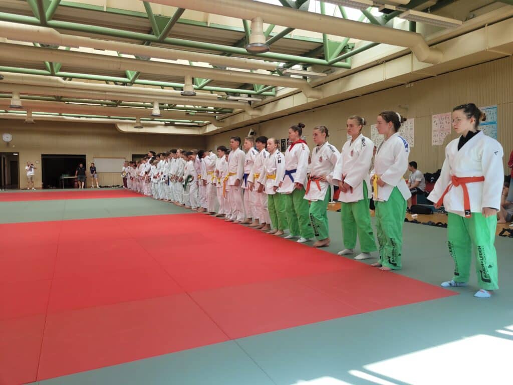 In einer großen, sonnendurchfluteten Turnhalle steht eine Gruppe von Menschen in Judo-Anzügen in einer Reihe auf der Dojo-Matte und blickt nach vorne.