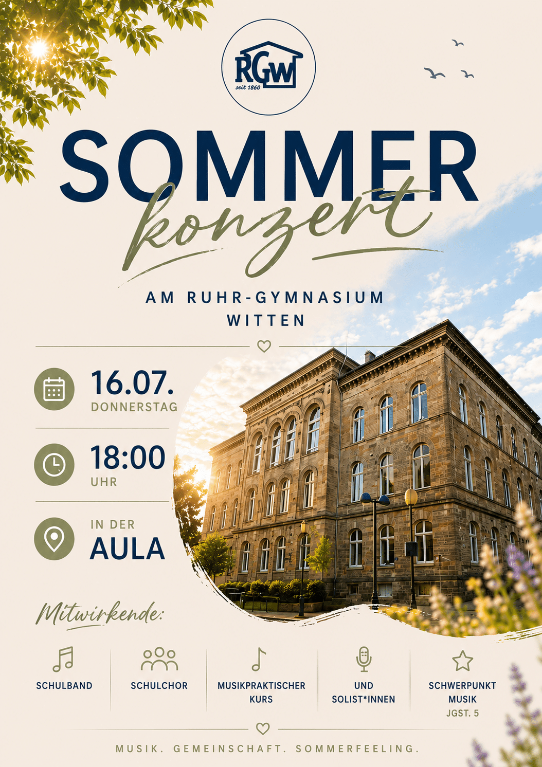Plakat für ein Sommerkonzert am Ruhr-Gymnasium Witten am 16. Juli um 18 Uhr, auf dem ein historisches Gebäude, Musikikonen und Veranstaltungsdetails vor einem sonnigen Hintergrund zu sehen sind.