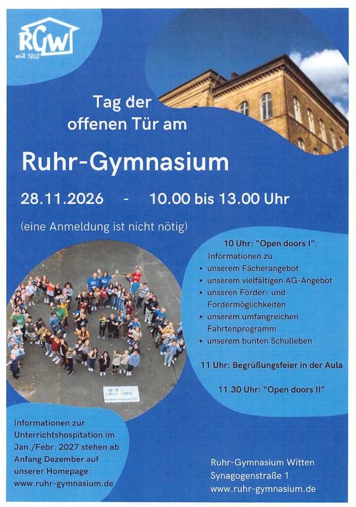 Flyer zum Tag der offenen Tür am Ruhr-Gymnasium am 28. November 2026 von 10:00 bis 13:00 Uhr mit einem Foto von Schülern und einem Veranstaltungsprogramm.