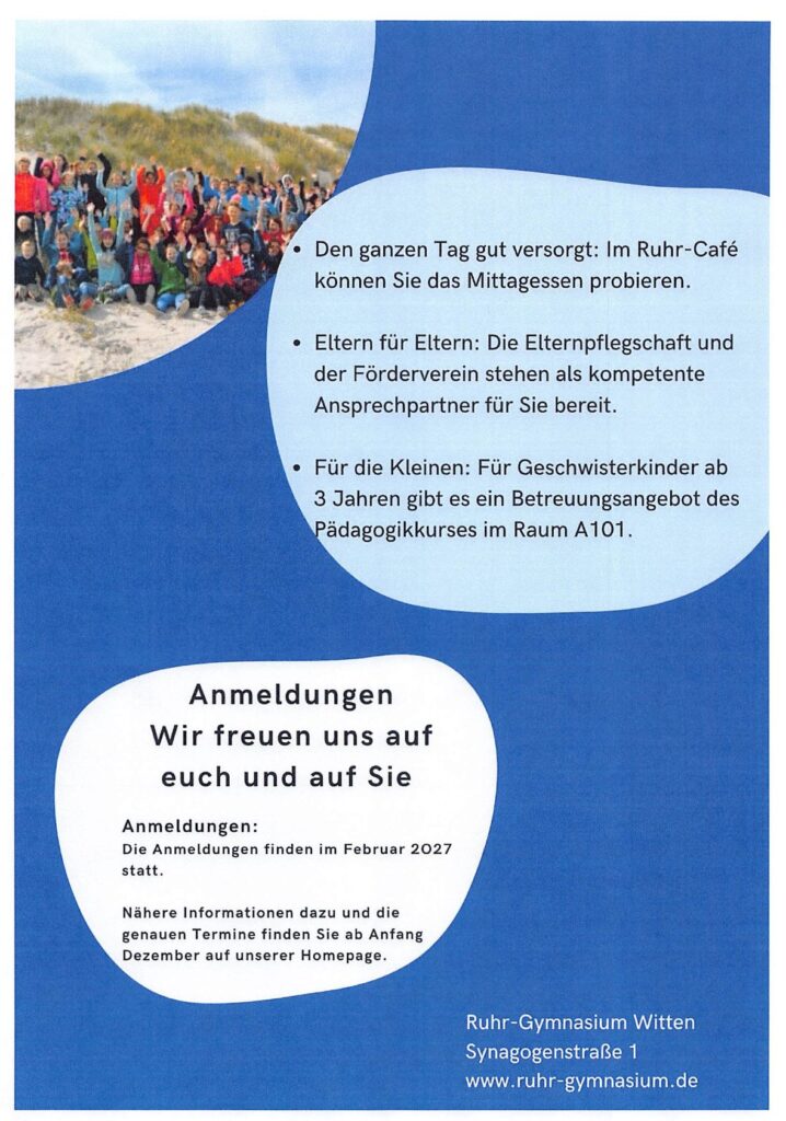 Informationsflyer für das Ruhr-Gymnasium Witten mit Angaben zu Veranstaltungen, Informationen zur Kinderbetreuung für Geschwister sowie dem Hinweis, dass die Anmeldung im Februar 2027 beginnt.