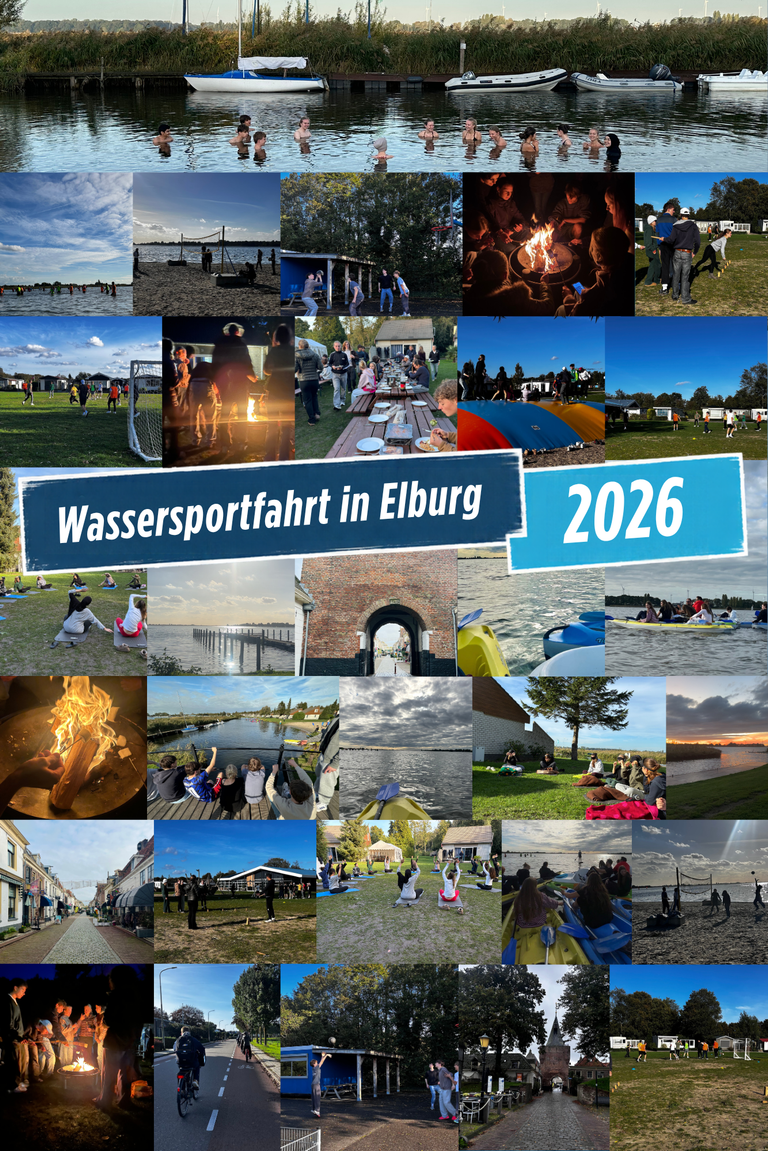 Eine Fotocollage, die Gruppenaktivitäten wie Schwimmen, Kajakfahren, Lagerfeuer, Essen im Freien und Sport zeigt, mit dem Titel Wassersportfahrt in Elburg 2026.